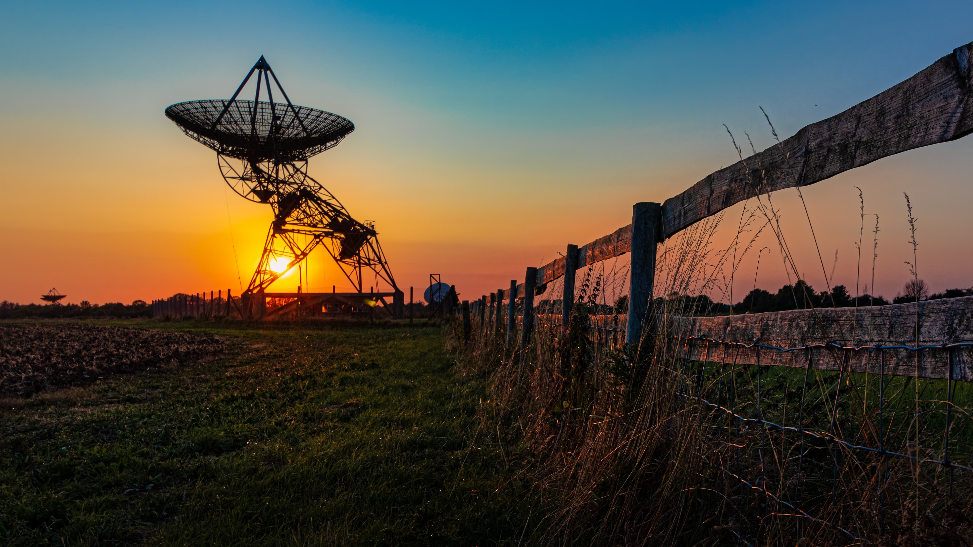 Radio telescope at sunset.