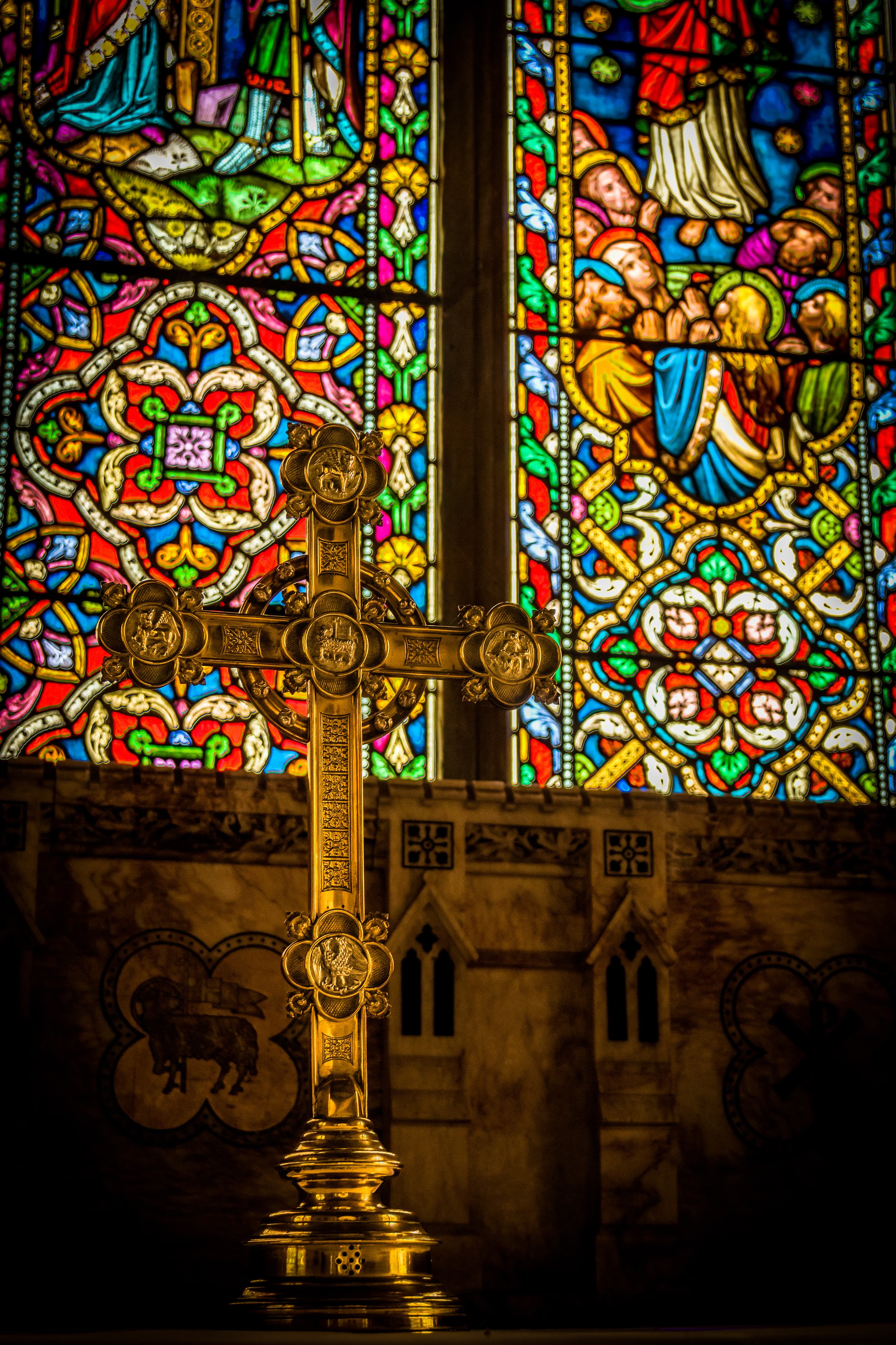 Church cross and stained glass.