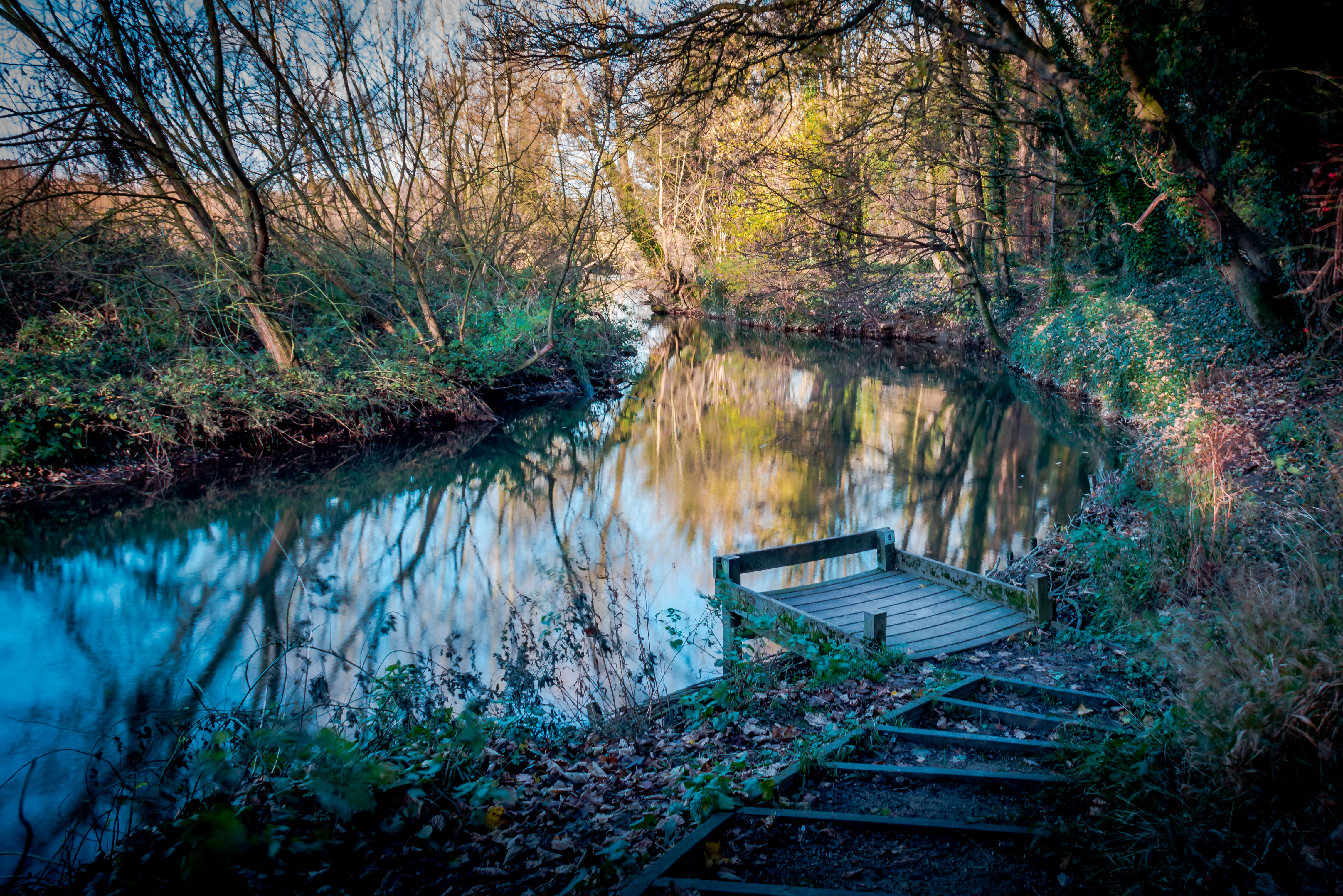 This photograph captures the serene beauty of a river at sunset, with the golden light reflecting off the calm water and casting a trees in riverbank in soft, warm hues. The composition is balanced with a wooden dock leading the viewer's eye into the tranquil scene, while the surrounding foliage adds depth and texture. The overall mood is peaceful and contemplative, making it an ideal piece for a living room focal point or an executive office to inspire calm and focus. The rich, earthy tones and natural elements make it a perfect addition to a modern gallery wall, enhancing the aesthetic appeal of any space.