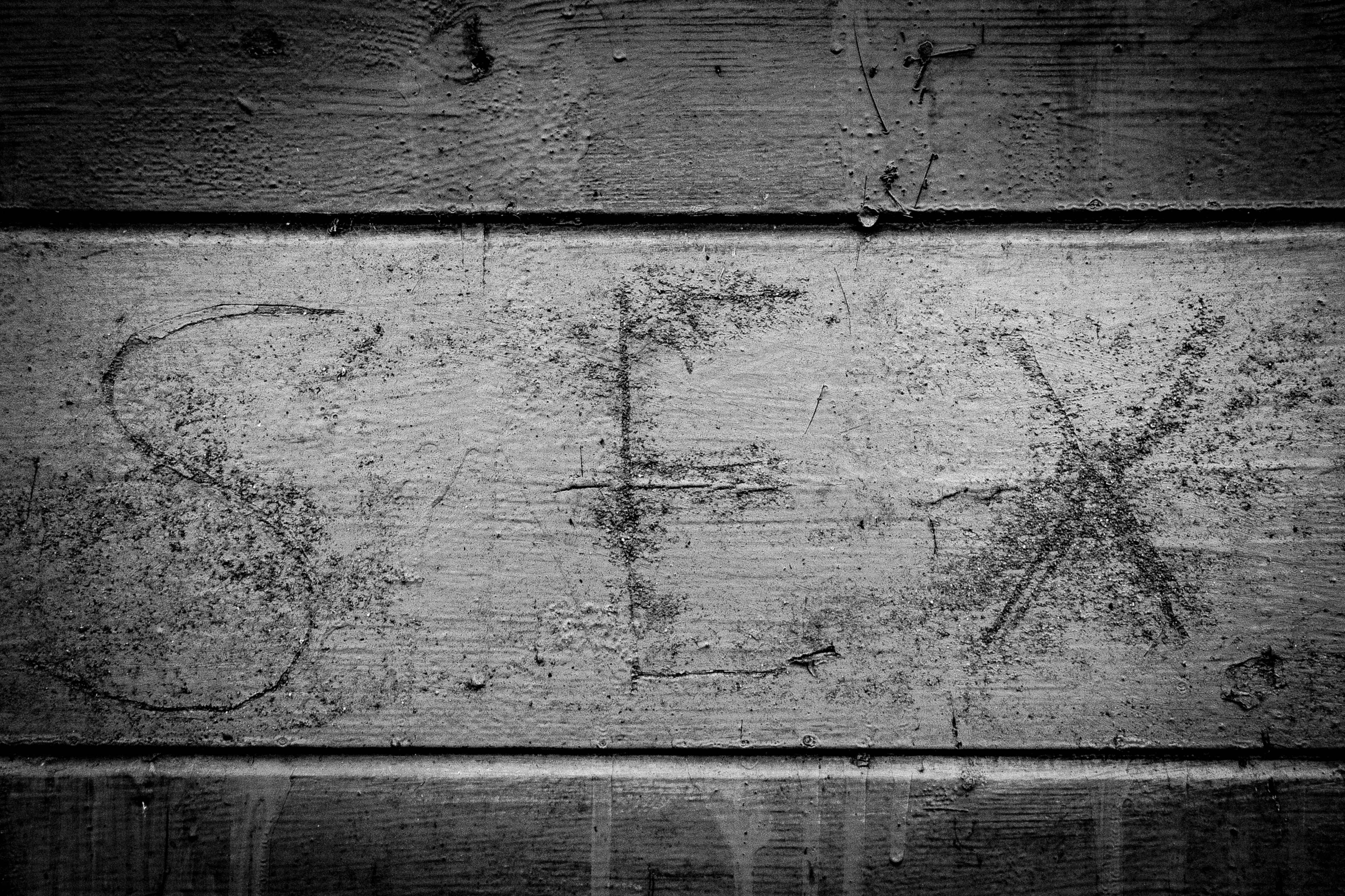 This striking black and white photograph captures the raw, textured beauty of a word 'SEX' etched into weathered wood, evoking a sense of ruggedness and edginess. The high contrast and dramatic lighting emphasize the texture and grain of the wood, creating a perfect balance of simplicity and intrigue. Its bold aesthetic makes it an ideal focal point for modern living rooms or executive offices, where it can add a perfect touch of urban sophistication and artistic flair. The image's minimalist composition and monochromatic palette make it versatile for any contemporary decor style, ensuring it stands out as a unique and impactful wall art piece.