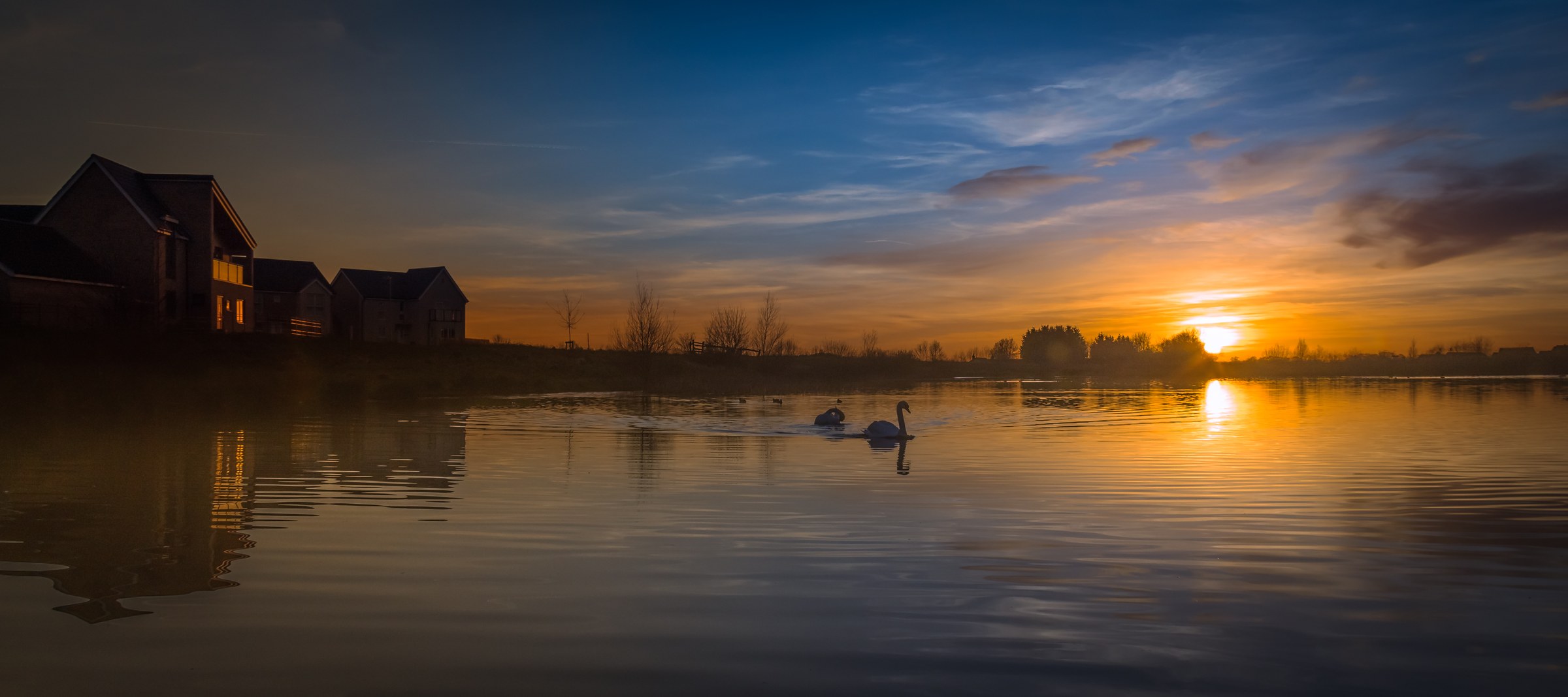 This breathtaking photograph captures the tranquil beauty of a sunset over a a serene lake, with two swans gracefully floating in water. The warm hues of the setting sun reflect off the calm surface, creating a perfect balance of light and shadow. The composition is masterfully framed, with the houses in the background adding a perfect touch of human presence to the natural scene. This overall mood is one of peace and serenity, making it an ideal piece for any space seeking a calming effect of nature. Perfect for a living room focal piece or an executive office to inspire calm and focus.