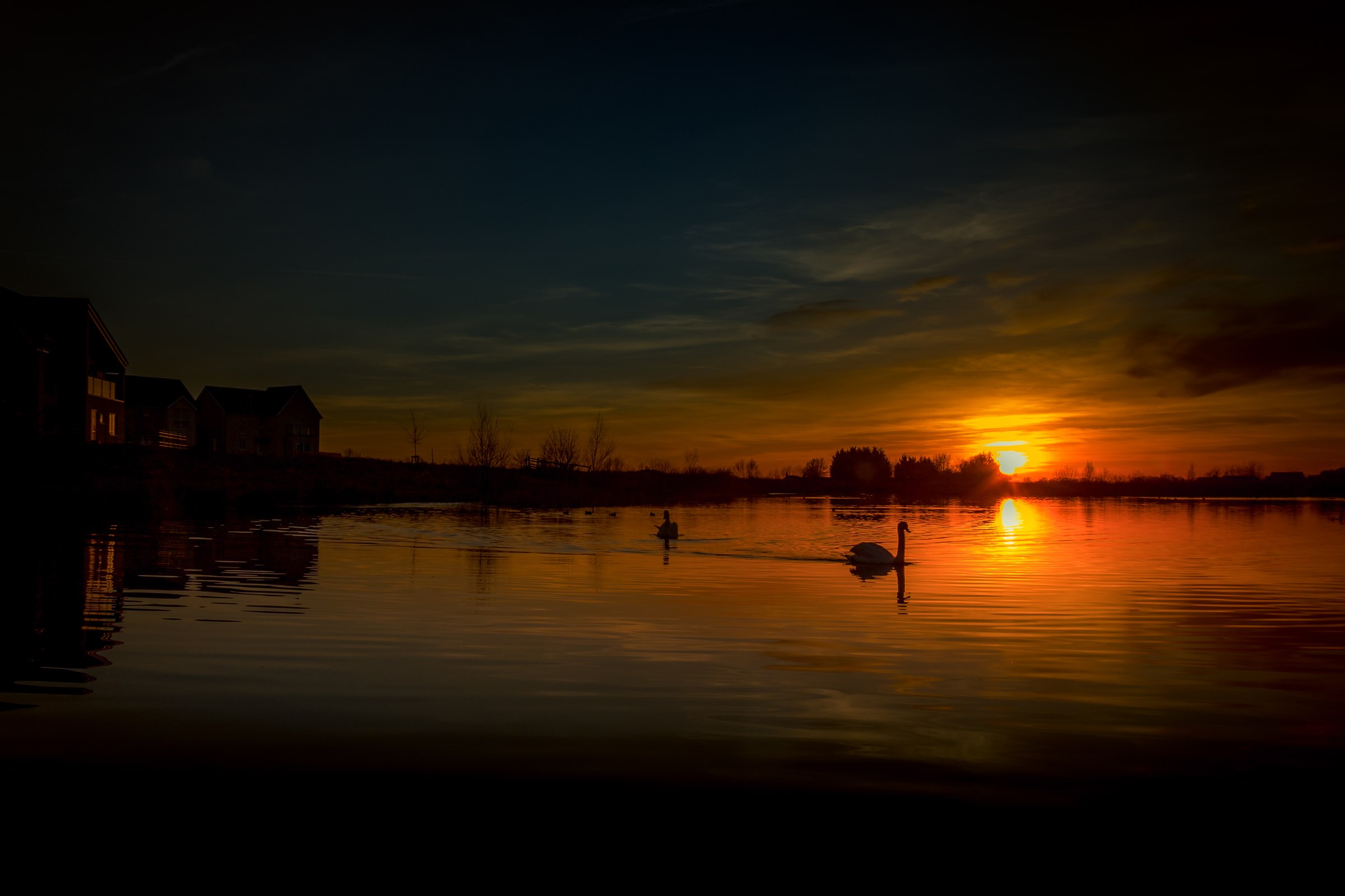 This breathtaking photograph captures the tranquil beauty of a sunset reflected in calm waters, creating a perfect balance of natural serenity and artistic composition. The warm hues of the sky, transitioning from deep oranges to soft blues, are mirrored in the still water, enhancing the overall peacefulness of the scene. The silhouette of a ducks and the distant buildings add depth and a perfect focal points, making this image both visually striking and emotionally evocative. This composition is ideal for a living room as a focal piece, or for the executive office as a statement wall decor, adding a perfect touch of nature and tranquility to any space.