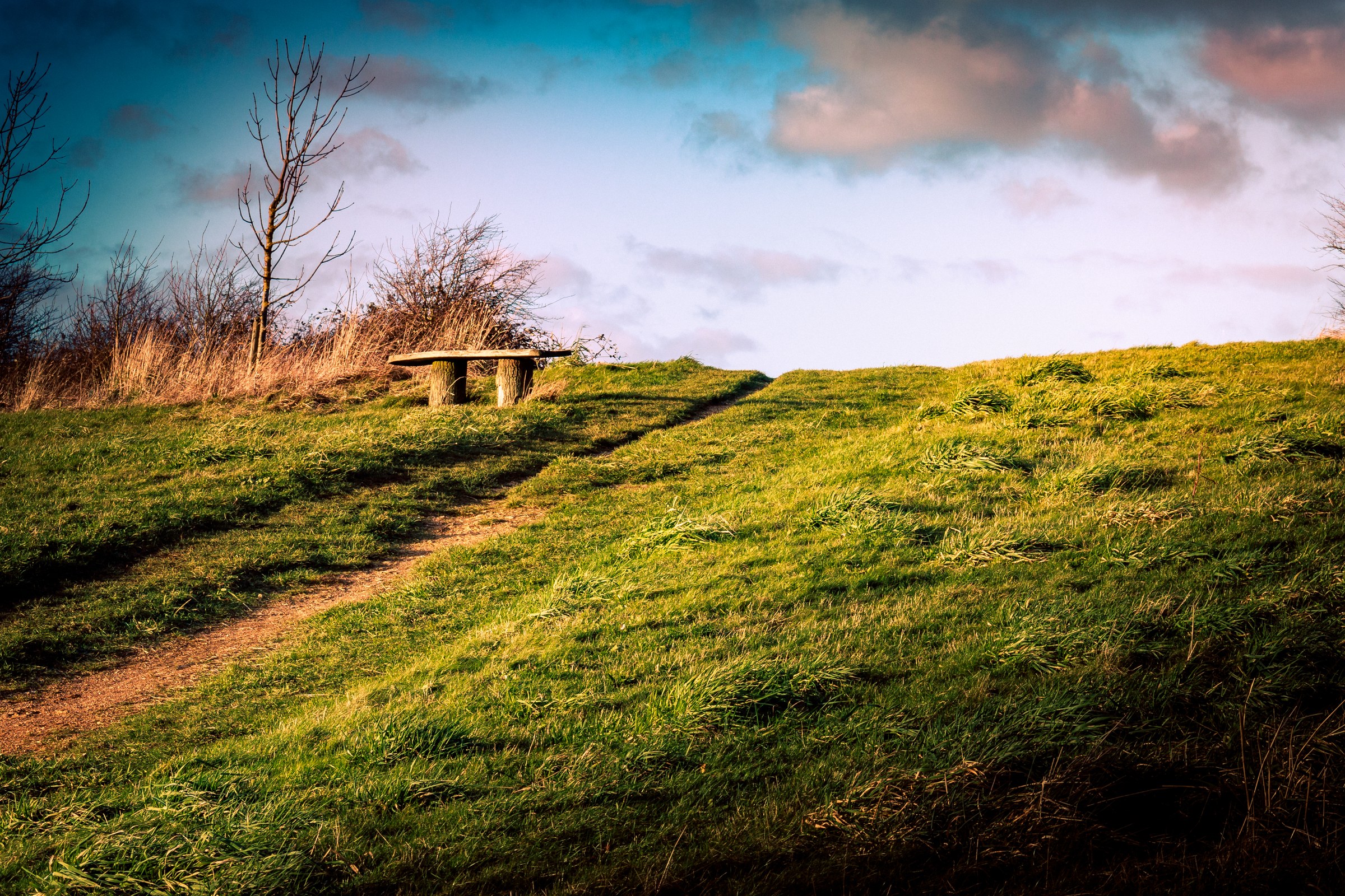 This photograph captures the essence of a serene hillside retreat, where the interplay of light and shadow creates a perfect balance of tranquility and warmth. The composition, with its rustic wooden bench nestled amidst the grassy slopes, invites viewers to imagine themselves sitting there, basking in the peaceful solitude. The vibrant greens and soft blues of the sky evoke a feeling of a perfect day, making it an ideal piece for any living room or office space seeking a calming effect of nature. Hang it as a focal point of a room to bring a touch of the outdoors indoors, enhancing the ambiance with its natural beauty and calming presence.