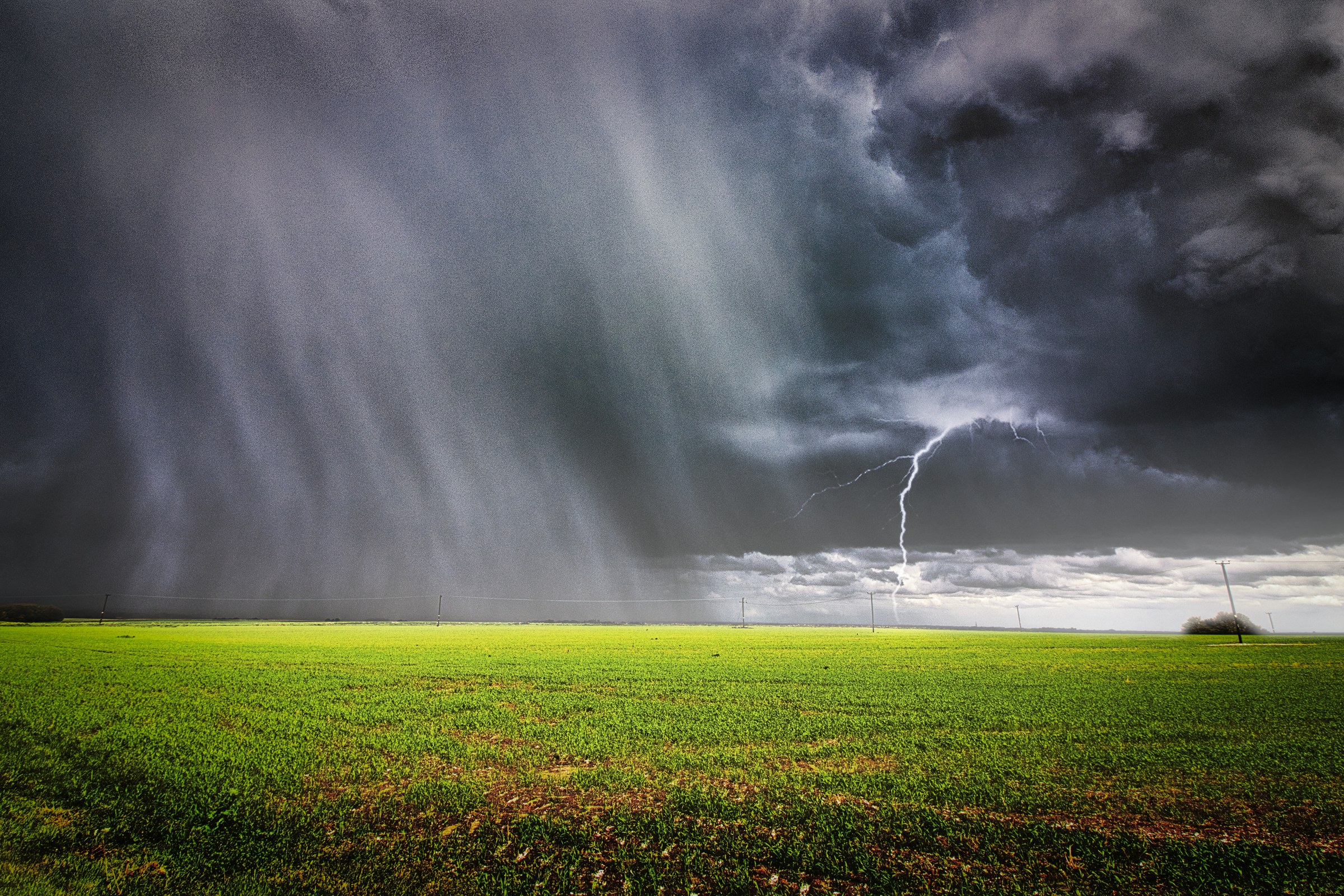 A dramatic storm cloud with a lightning bolt striking over a a vibrant green field, symbolizing the raw power and beauty of nature.