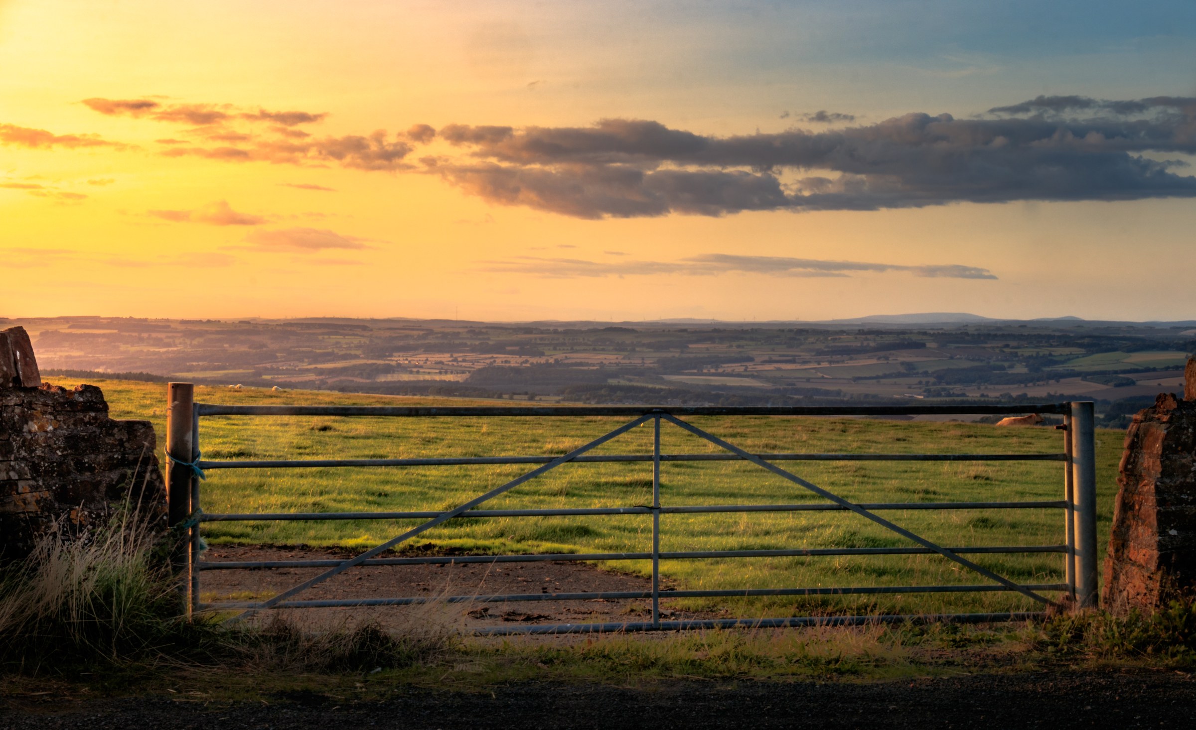 This photograph captures the tranquil beauty of a pastoral sunset, with a rustic metal gate leading the viewer's eye into a expansive, golden-hued landscape. The warm, golden light bathes the scene, creating a perfect balance of natural serenity and artistic composition. The image's rich, earthy tones and harmonious color palette make it a ideal focal point for any modern or traditional living space, enhancing the ambiance with its calming and inspiring presence. Perfect for a executive office or a modern gallery wall, this piece evokes a essence of peaceful countryside living.